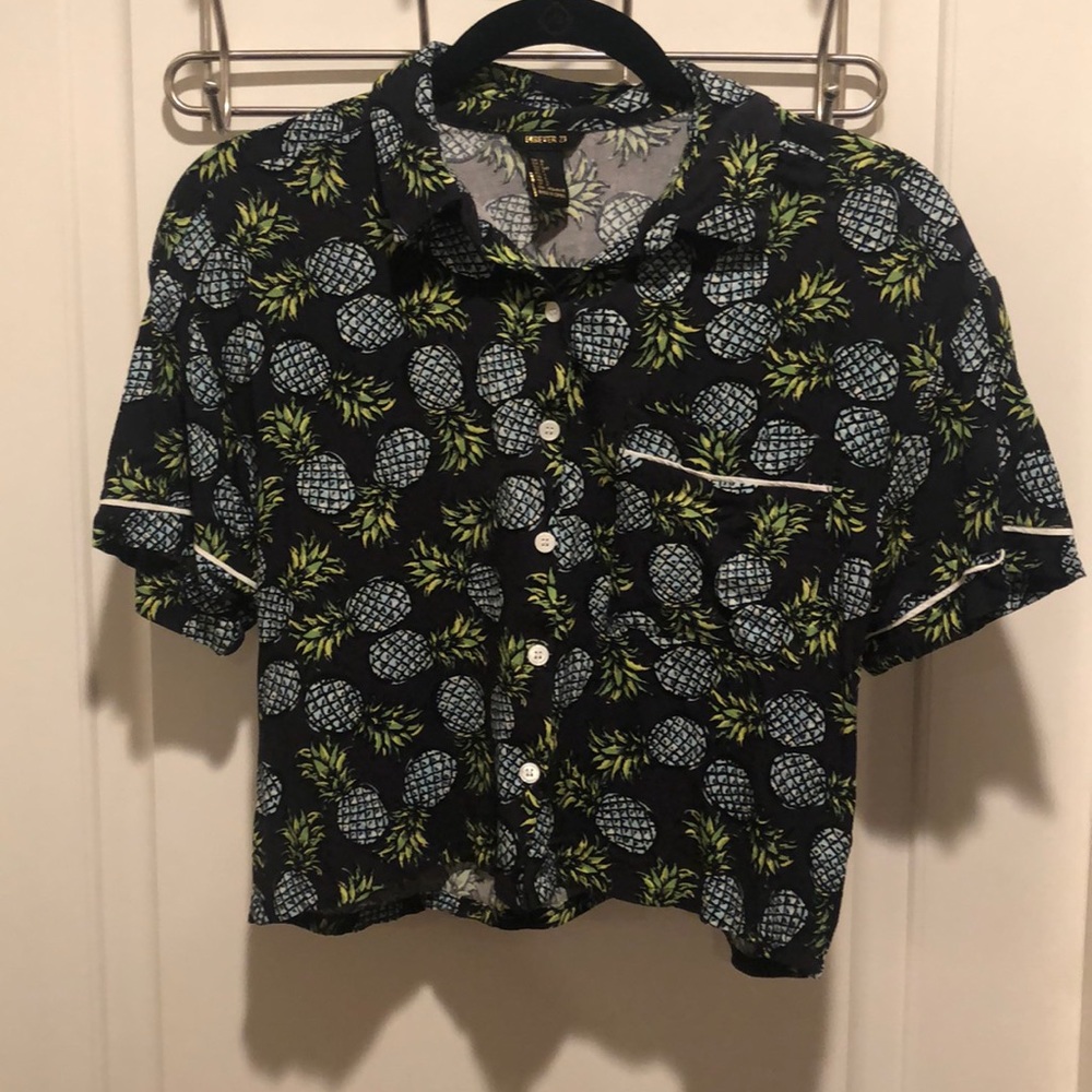 Hawaiian Print Button Up Crop Top Shirt